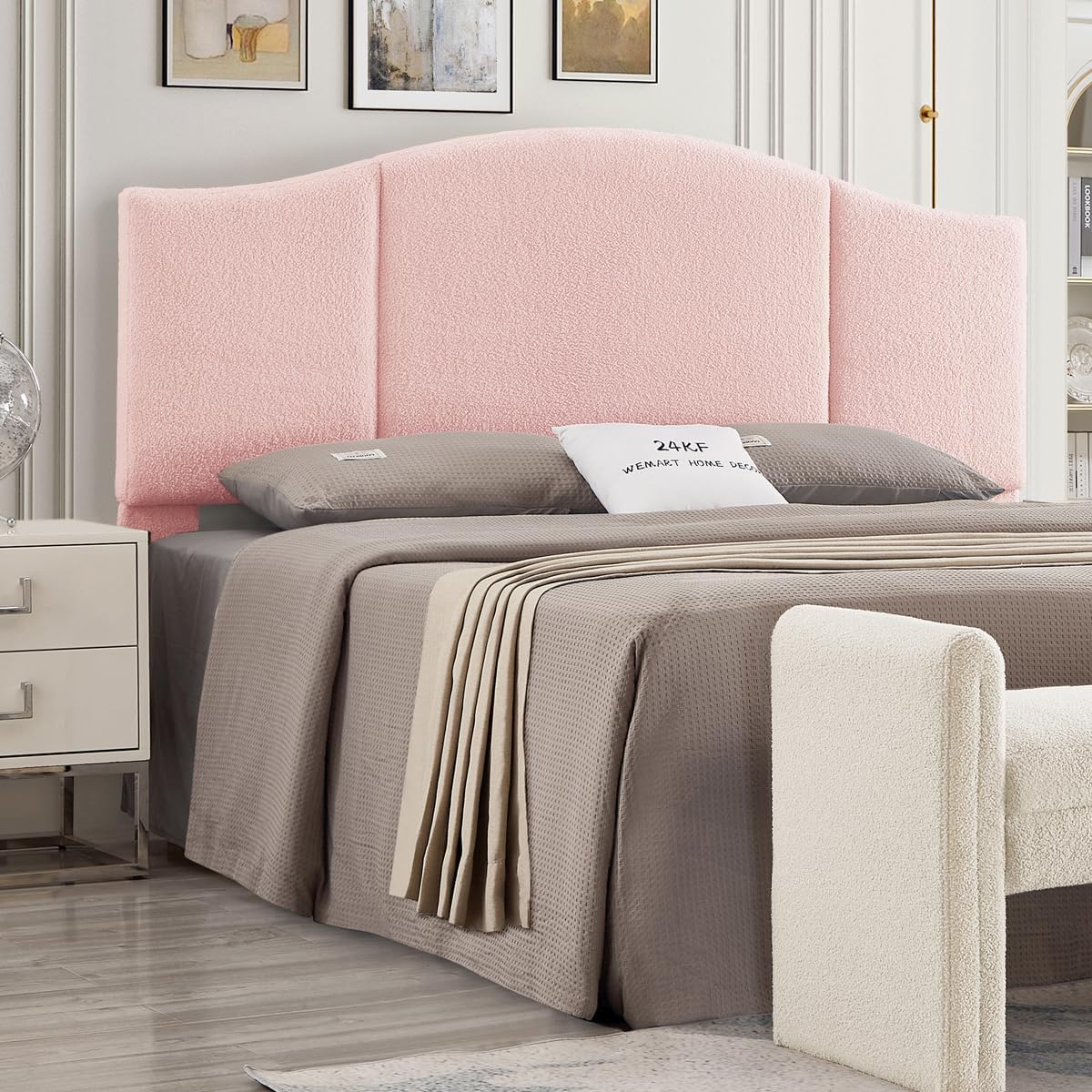 24KF Upholstered Soft Teddy Fabric King Headboard,Modern Wave-Like Top Edge CA King Size Headboard, 6033-K-Pink