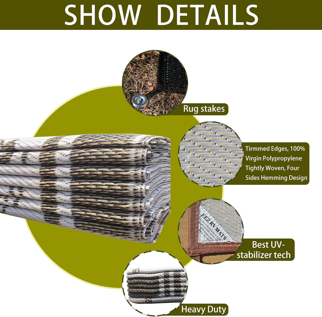 EEZ RV Products 9ft x 18ft Heavy Duty Reversible/Durable Outdoor Patio/RVing Camping Mats Come with Large Storage Bag & 6 Sets of Stakes and Washer, Vine Brown