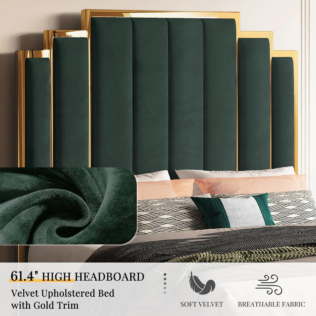 Albott Queen Size Platform Bed Frame, 61.4' Velvet Upholstered Bed with Gold Trim Headboard/Wooden Slats/No Box Spring Needed/Green