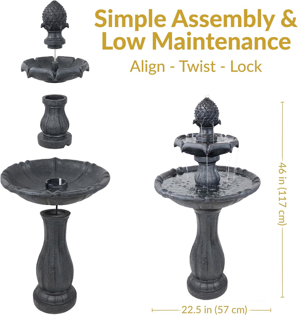 Sunnydaze Pineapple 46-Inch 2-Tier Outdoor Solar Fountain - Decorative Water Fountain with Pump for Garden, Patio, Yard or Balcony - Black