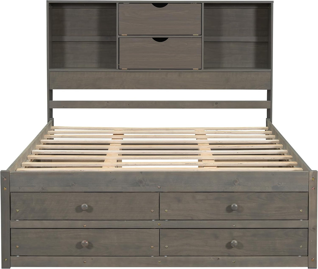VilroCaz Wood King Size Platform Bed with Storage Headboard, Modern Platform Bed Captain's Bed Frame with 8 Drawers, Sturdy Slats Support, Maximize Space (Grey-M3, King)