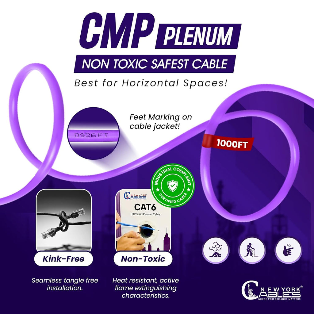 NewYork Cables | CAT6 Plenum Cable 1000ft | UTP, 550MHz, 23AWG, 4Pair 10GB | Most Certified CMP-Rated Fire-Resistant Bulk Cat 6 Ethernet Cable for Networking & Gaming (1000ft, Solid Conductor, Purple)