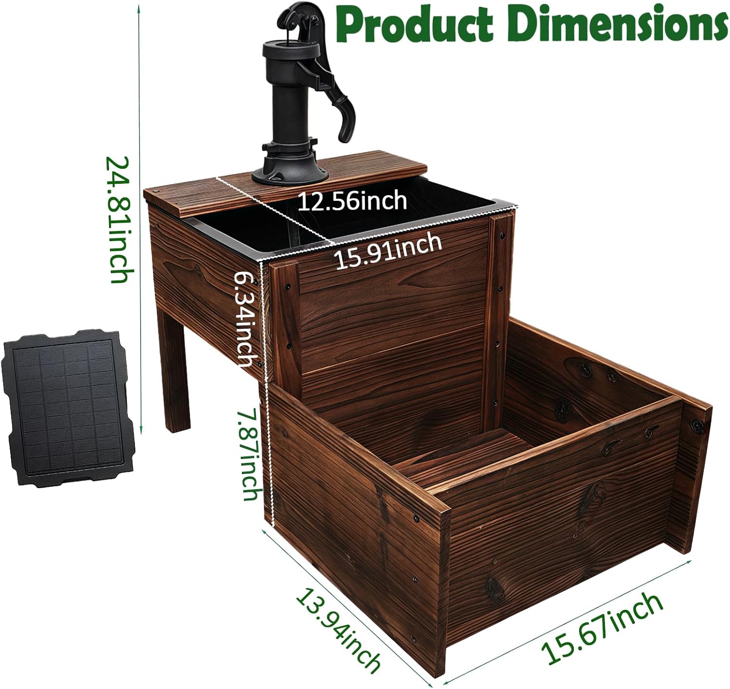 Outdoor Water Fountain, Floor Wooden Rectangular Double-Layer Old-Fashioned Hand Pump Fountain with Flower Box, Solar-Powered Electric Decorative Water Feature for Garden Patio Backyard