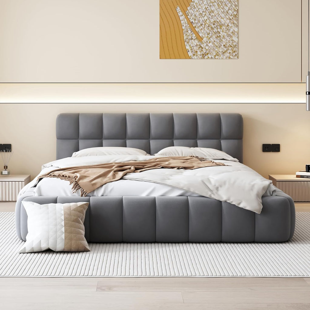Merax Queen Size Upholstered Platform Bed Frame for Boys Girls Kids Adults Toddler with Thick Fabric, Grounded Bed with Solid Frame, Gray