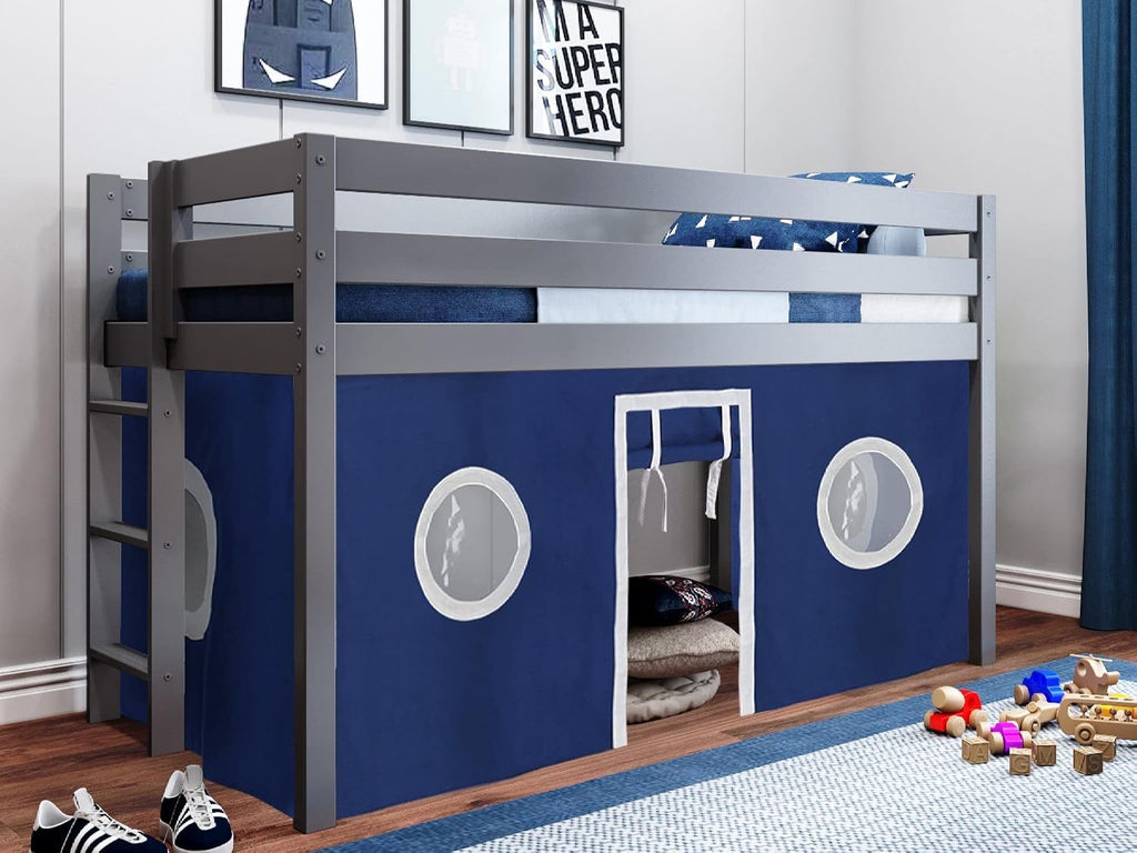 JACKPOT! Contemporary Low Loft Twin Bed with End Ladder, Gray with Blue & White Tent