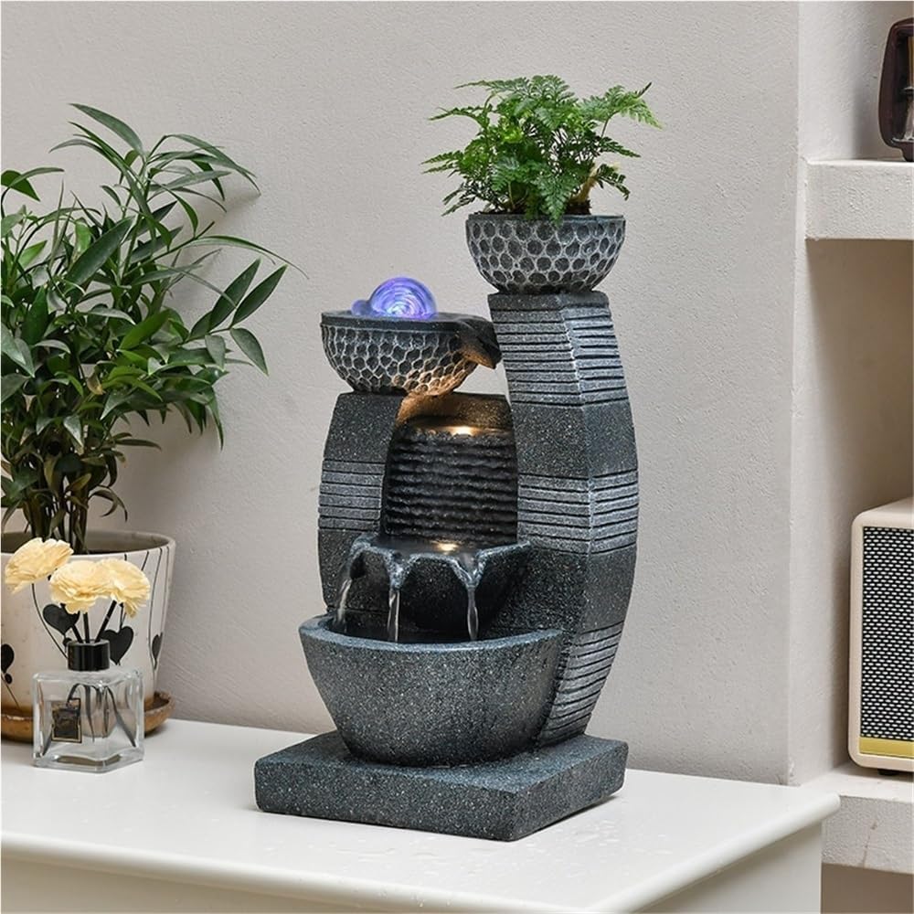 Indoor Fountain – Cascading Water Feature, Resin Fountains with LED Lights/Rolling Ball/Automatic Pump for Home, Decorative Tabletop Waterfall with Pot to Grow Plant by Yourself(B)
