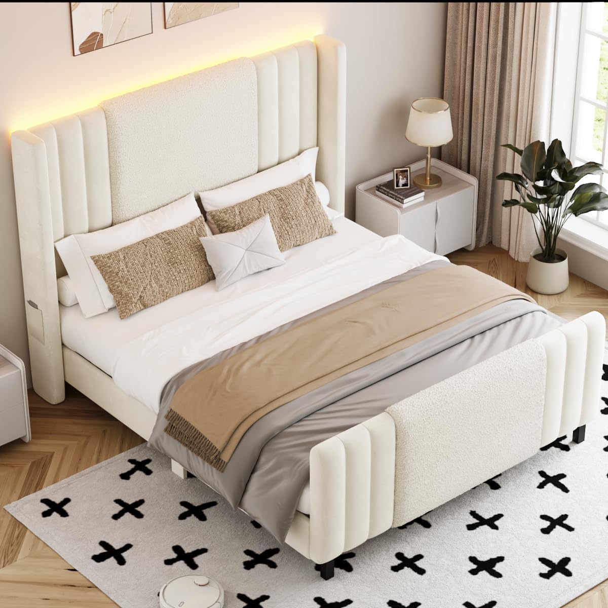 Lihimte Queen Size Bed Frame with Tall Headboard and Footboard, Boucle and Velvet Upholstered Bed Frame Queen with LED Lights, Modern Platform Bed Frames, Noiseless, Easy Assembly, White