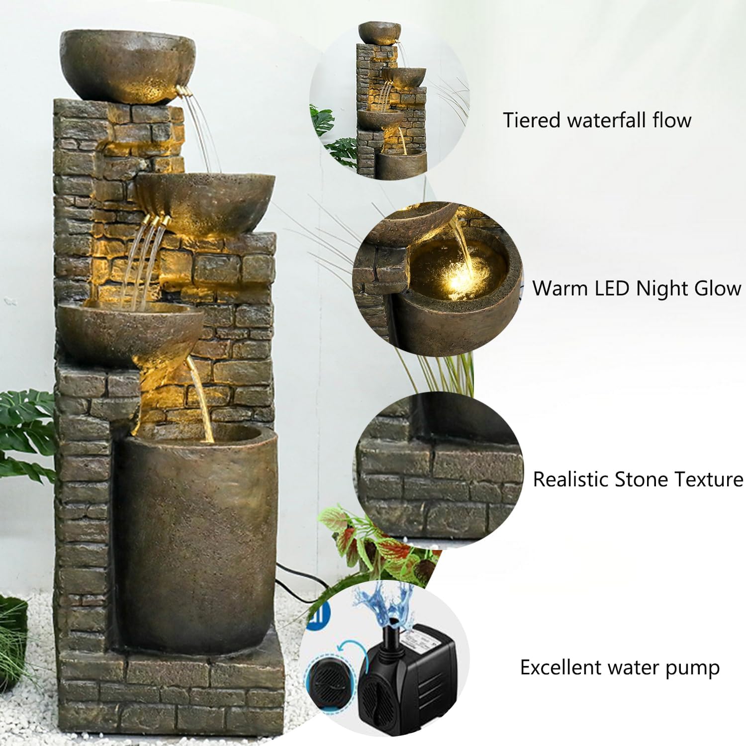 Hamiedun 38.2 ''H Water Fountain Outdoor Cascading Bowls and Stacked Stones with Led Lights Waterfalls Fountain for Outside Gardens, Landscaping, Balconies, Floor Patio,Backyard and Home Art Decor