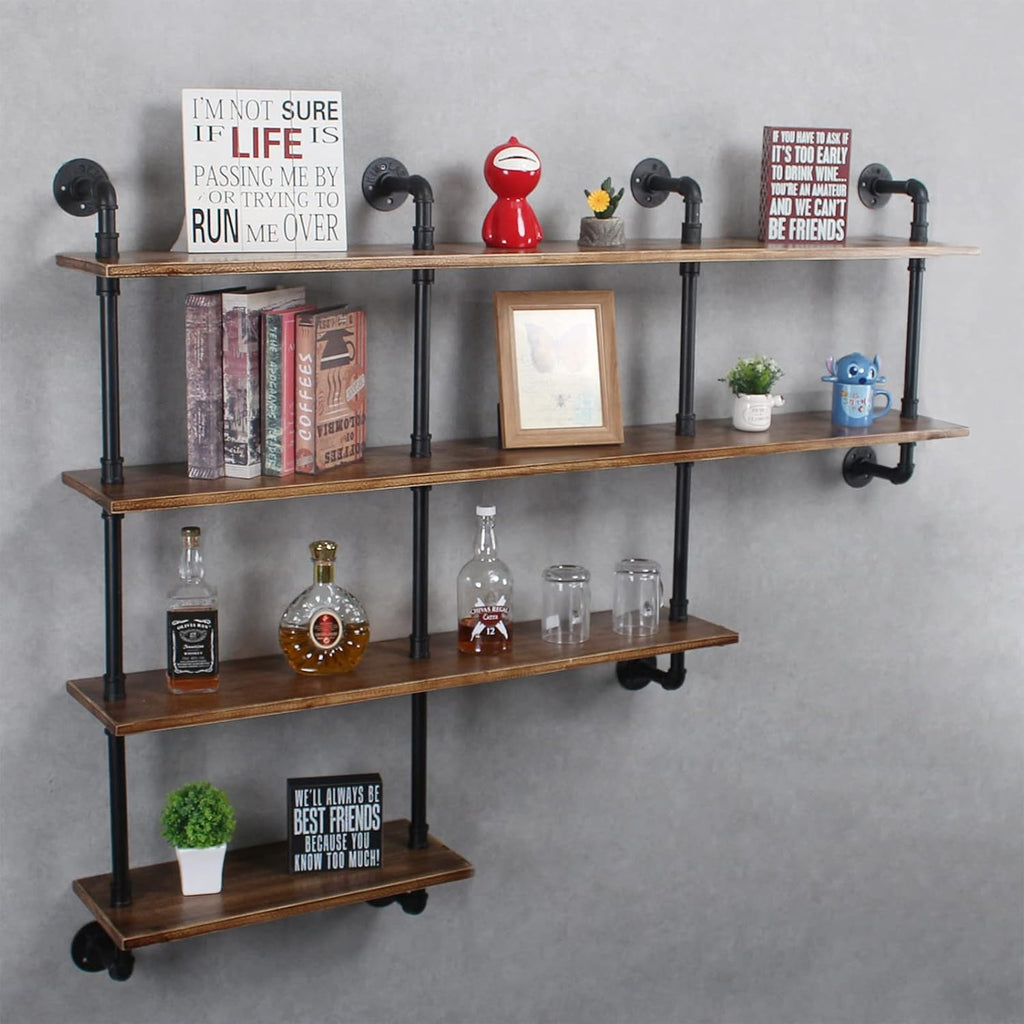 MBQQ 4-Tiers 63inch Industrial Pipe Shelving,Rustic Floating Shelves,Shelves Wall Mount with Wine Rack,Decorative Accent Wall Book Shelf for Kitchen or Office Organizer,Brown