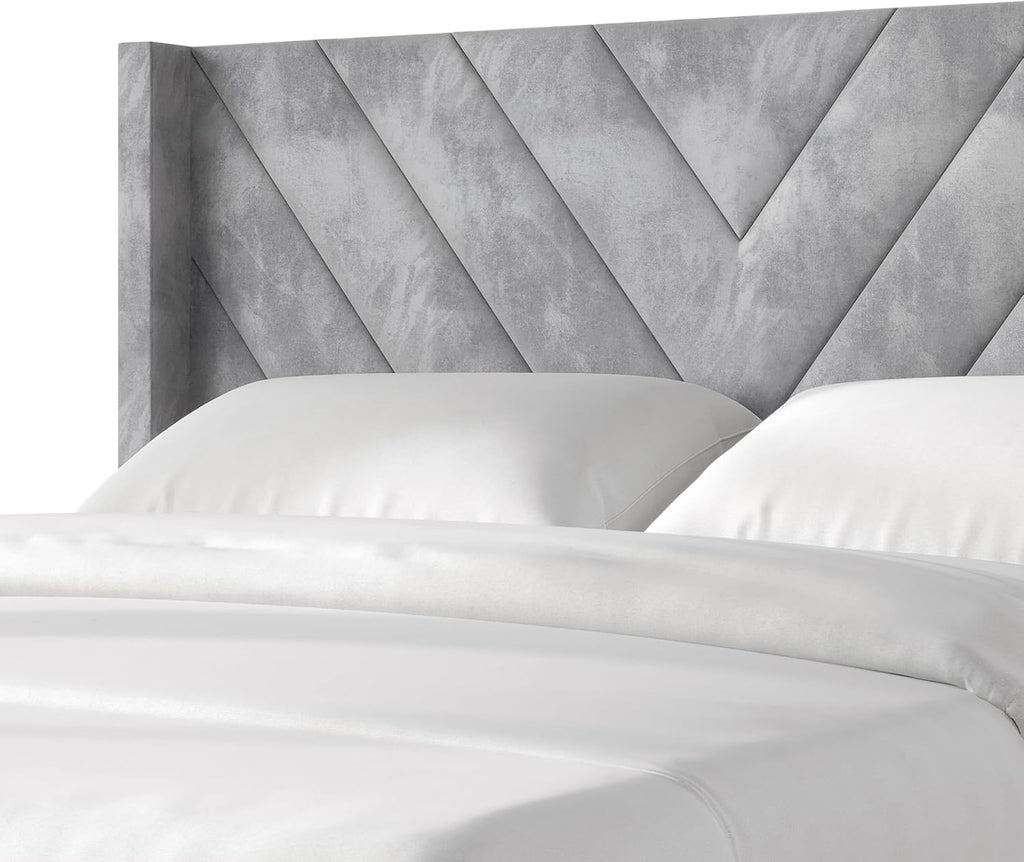 Queen Platform Bed Frame with Chevron-Stitched Wingback Headboard, Velvet Upholstery, No Box Spring Needed, Easy Assembly, Light Grey