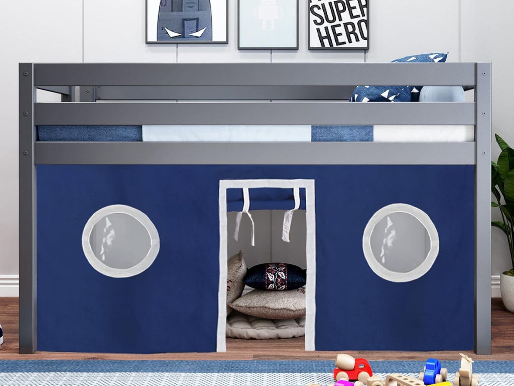 JACKPOT! Contemporary Low Loft Twin Bed with End Ladder, Gray with Blue & White Tent