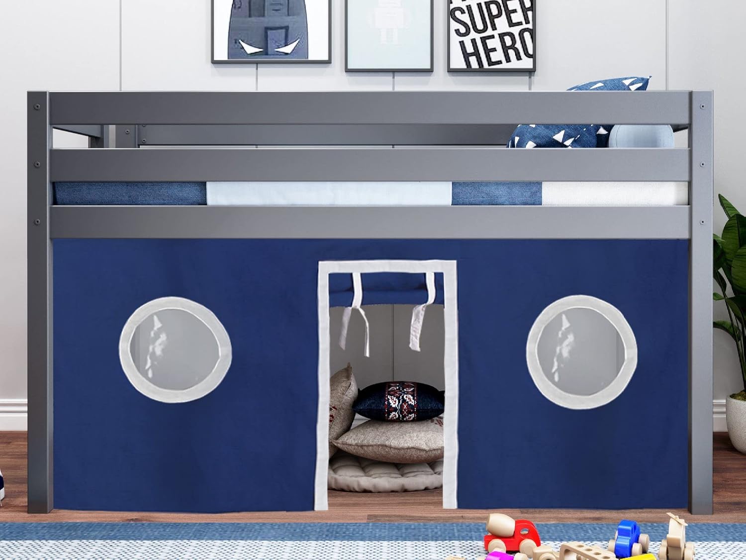 JACKPOT! Contemporary Low Loft Twin Bed with End Ladder, Gray with Blue & White Tent