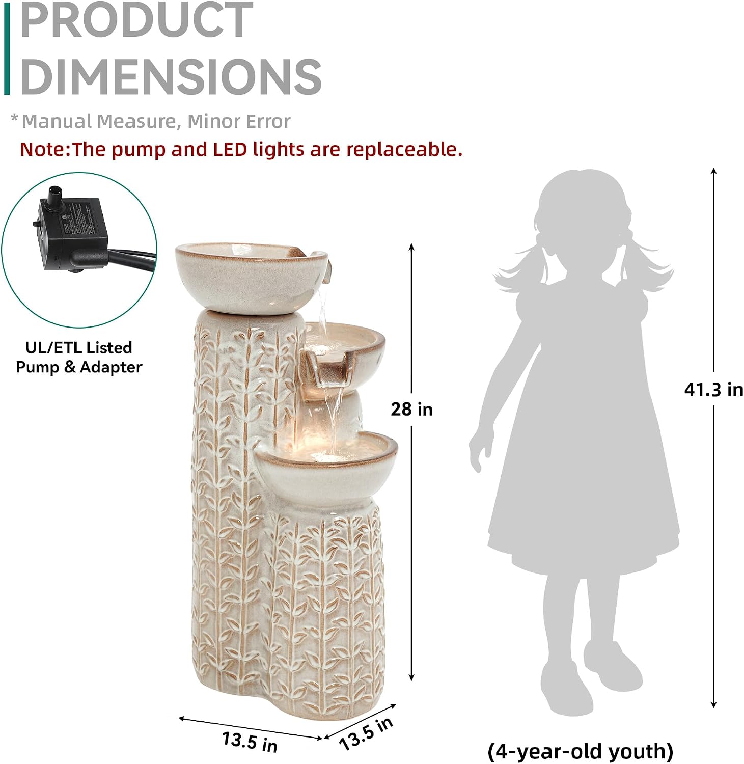 28' H Ceramic Outdoor Water Fountain with LED Lights, 3-Tier Cascading Bowls Water Feature, Tranquil Waterfall for Relaxing Garden, Patio, Yard, or Porch, Beige Glaze, Embossed Leaf Patterns