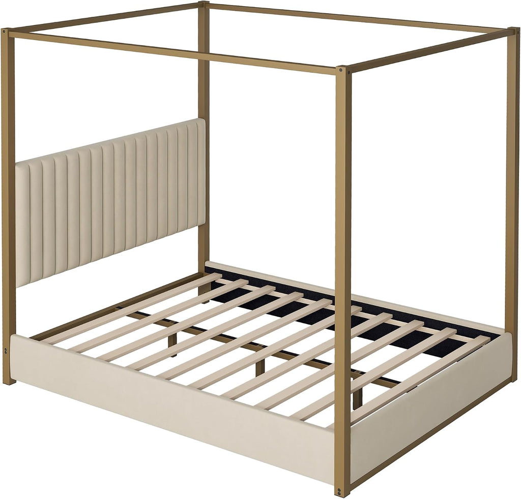 Queen Size Canopy Bed with Upholstered Headboard, 4-Poster Bed Frame with Metal Frame for Bedroom (Beige, Queen)