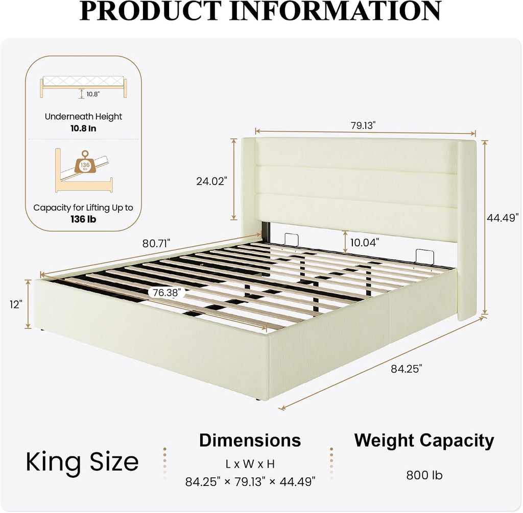 SHA CERLIN King Size Lift Up Storage Bed/Chenille Fabric Upholstered/Modern Wingback Headboard/Platform Bed Frame/Hydraulic Storage/No Box Spring Needed/Wood Slats Support/Cream