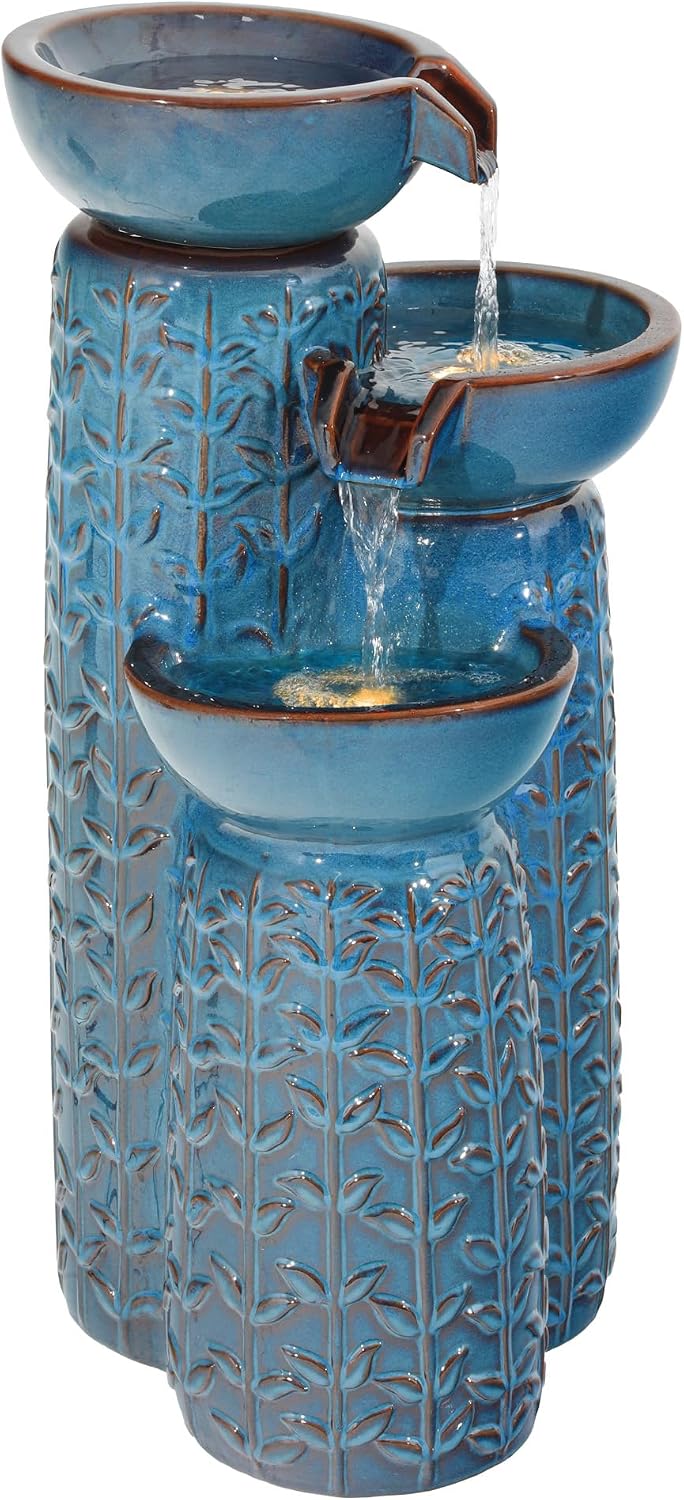 28' H Ceramic Outdoor Water Fountain with LED Lights, 3-Tier Cascading Bowls Water Feature, Tranquil Waterfall for Relaxing Garden, Patio, Yard, or Porch, Turquoise, Embossed Leaf Patterns