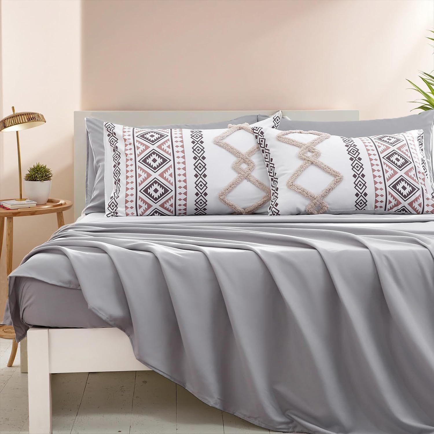 MOVE OVER Tufted Comforter Set King Size Boho Comforter Set 7 Pieces Bed in a Bag King 100% Soft Microfiber Aztec Comforter Set Shabby Chic Farmhouse Style Beige and Gray Fluffy Tufted Bedding Set