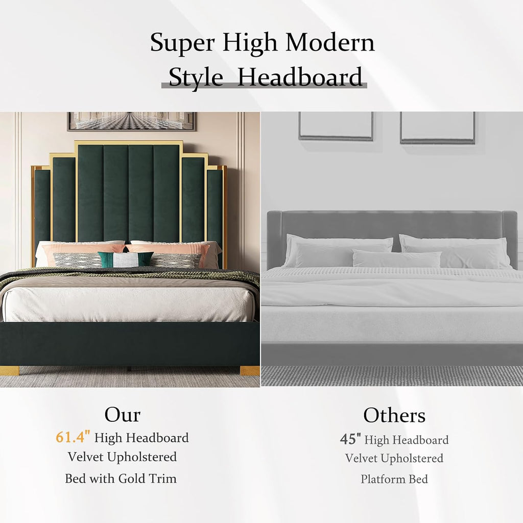 Albott Queen Size Platform Bed Frame, 61.4' Velvet Upholstered Bed with Gold Trim Headboard/Wooden Slats/No Box Spring Needed/Green