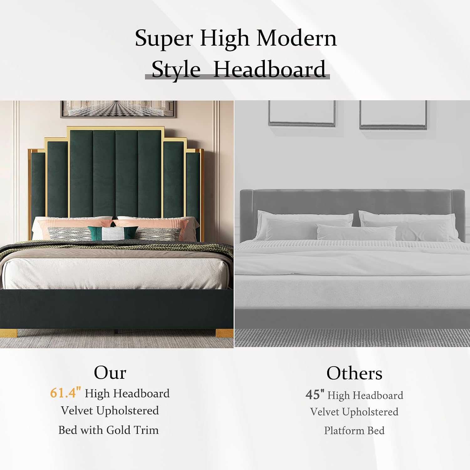 Albott Queen Size Platform Bed Frame, 61.4' Velvet Upholstered Bed with Gold Trim Headboard/Wooden Slats/No Box Spring Needed/Green