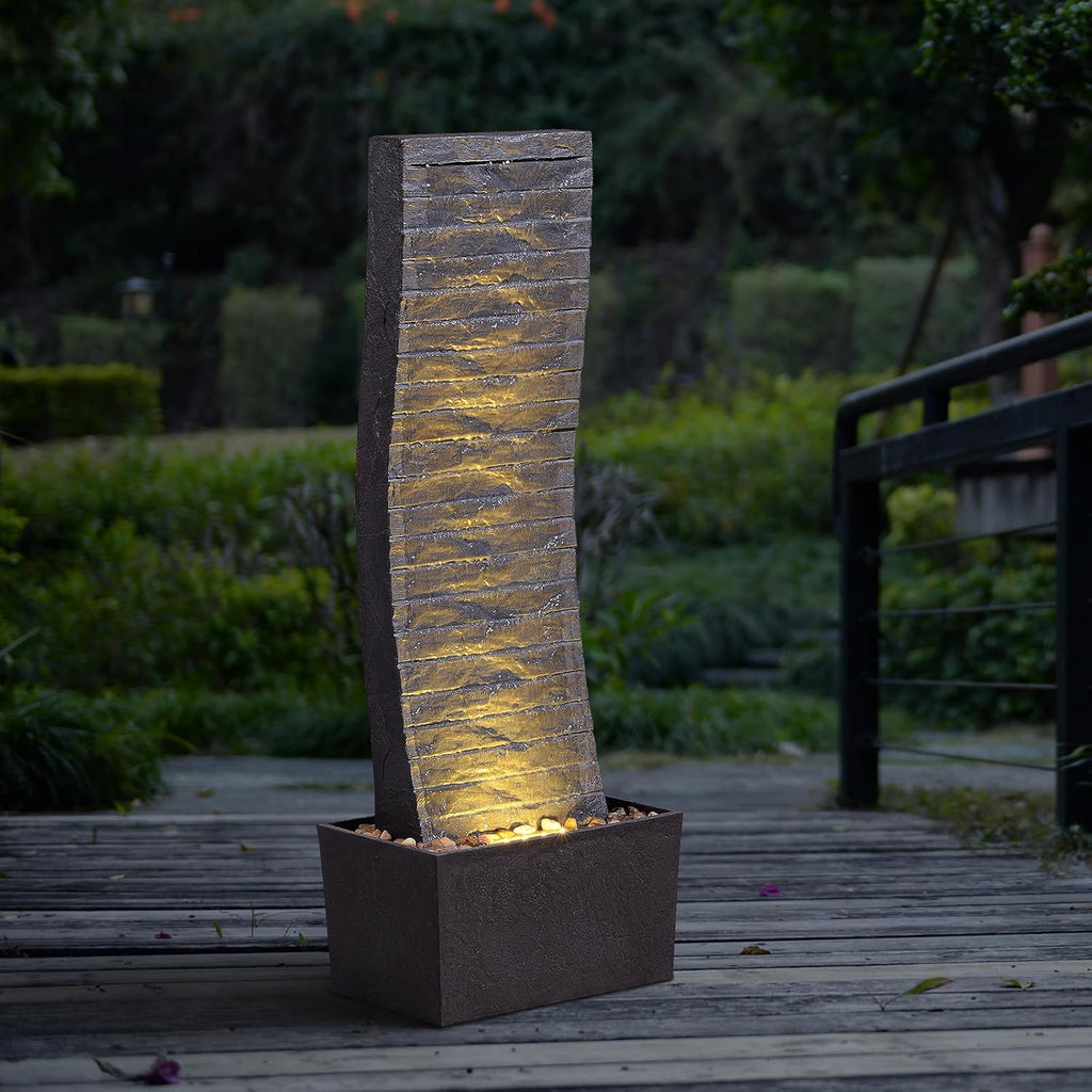 Curved Outdoor Waterfall Fountain, 36.2' Elegant Outdoor Water Fountain with LED Lights for Patio, Garden, Backyard, Modern Large Relaxing Water Feature (24382)