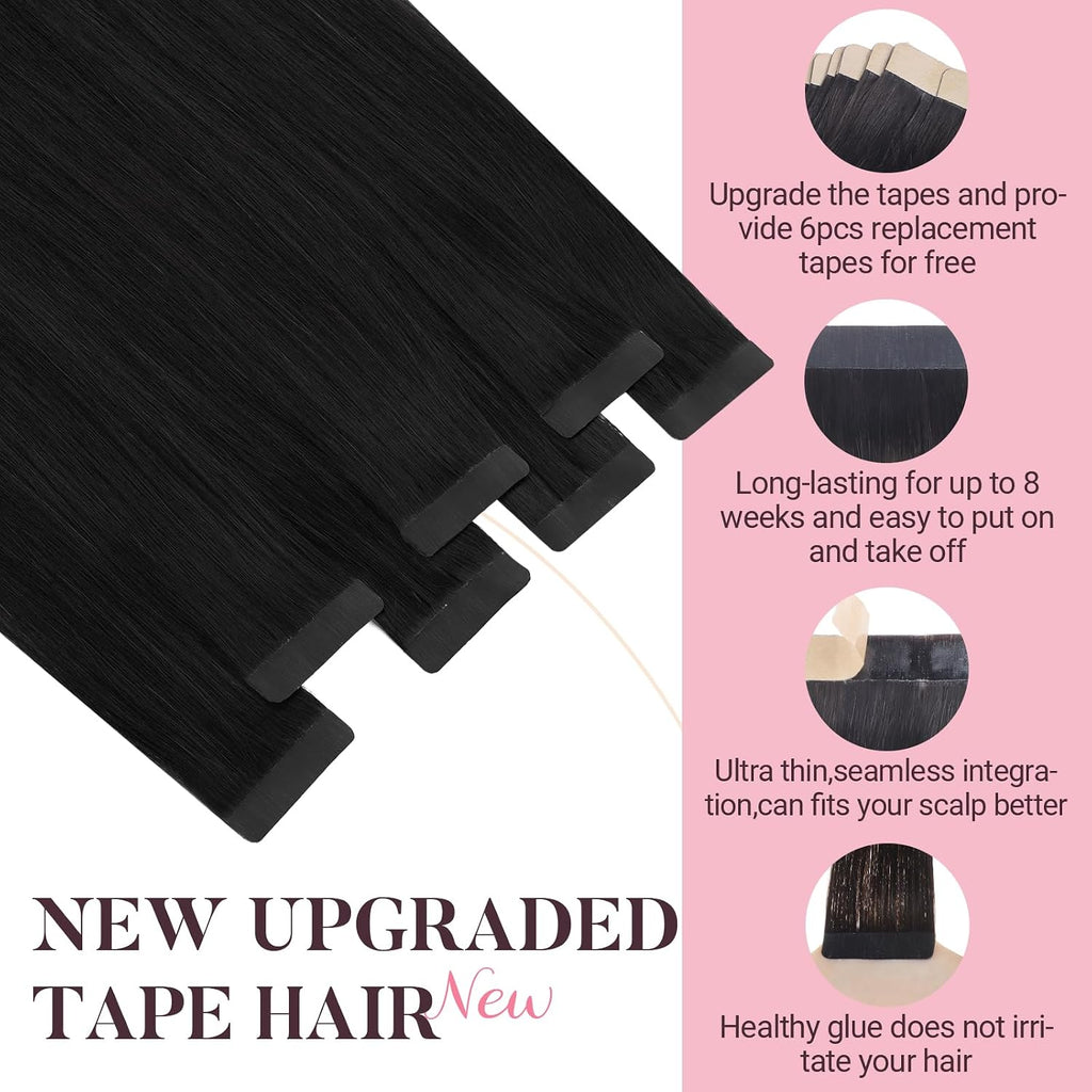 MAXITA Tape in Hair Extensions 1B Natural Black 22 Inch 100g 40pcs Thick Ends Remy Human Hair Seamless Straight Invisible Tape in Extensions