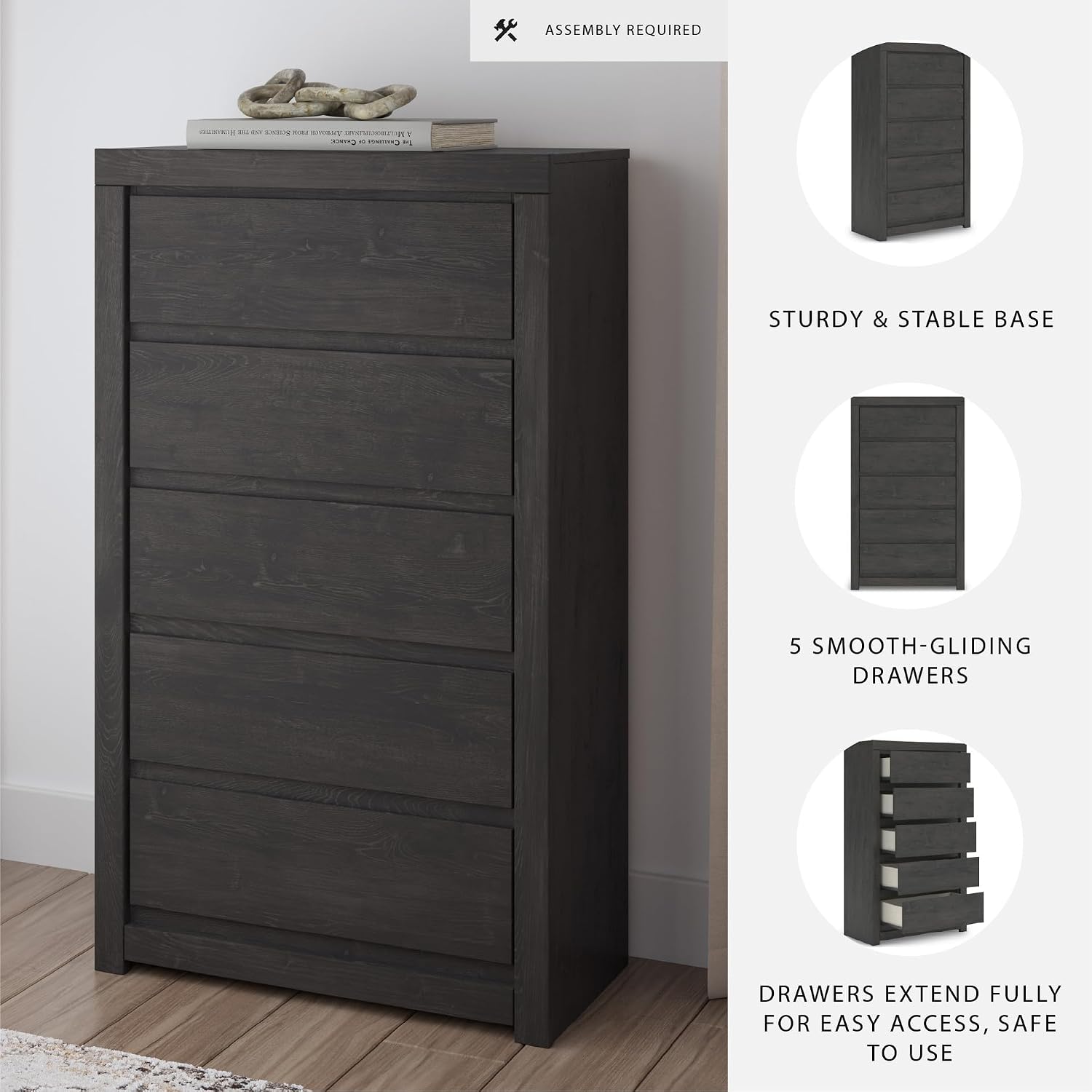 Signature Design by Ashley Parlayon Casual 5-Drawer Chest of Drawers with Safety Stop, Gray