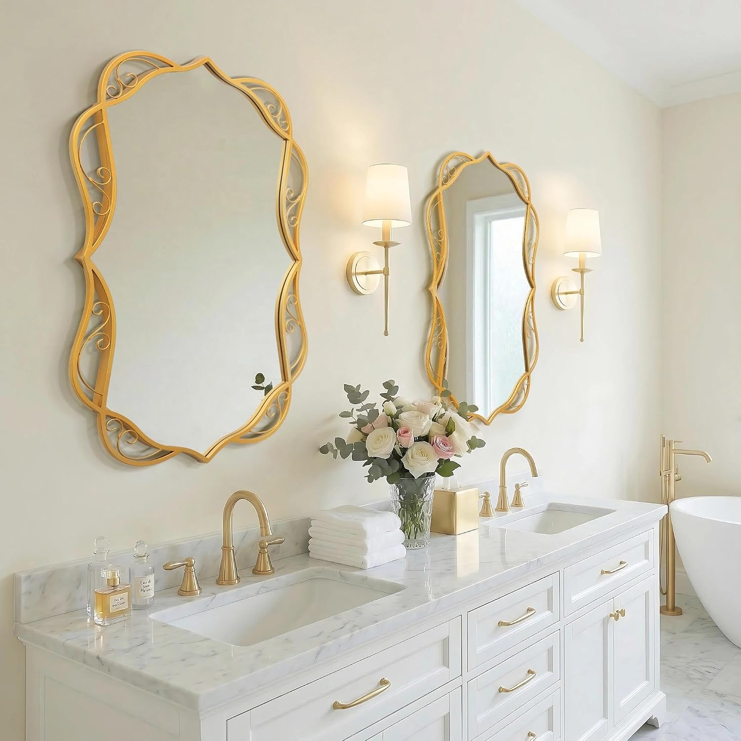 Besdomus Antique Gold Bathroom Mirror: 24'x36' Scalloped Modern Large Bathroom Vanity Mirrors for Over Sink - Farmhouse Decorative Vertical or Horizontal Hanging for Bathroom/Living Room/Entryway