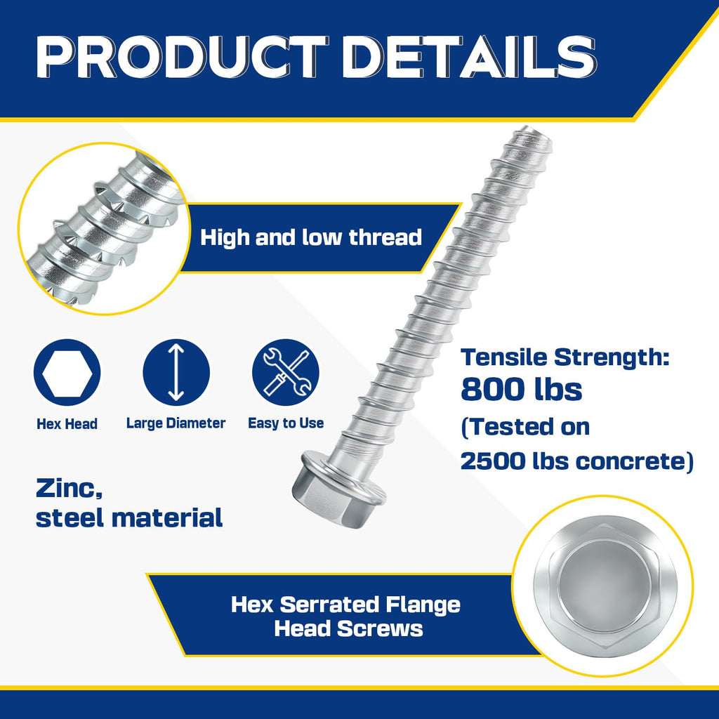 50 Pack 5/8' x 5' Large Diameter Concrete Screw - Heavy Duty Concrete Anchors, Masonry Screws for Brick, Block, Wood & Framing - Zinc Plated Hex Screws