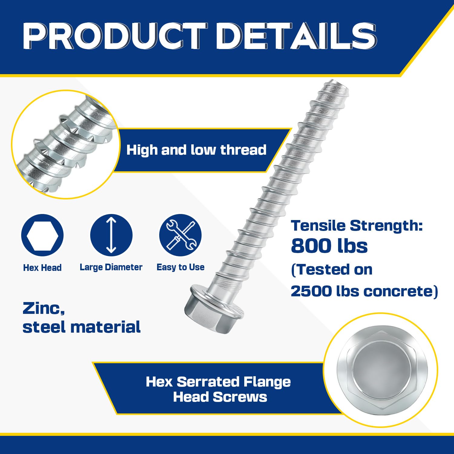 50 Pack 5/8' x 5' Large Diameter Concrete Screw - Heavy Duty Concrete Anchors, Masonry Screws for Brick, Block, Wood & Framing - Zinc Plated Hex Screws