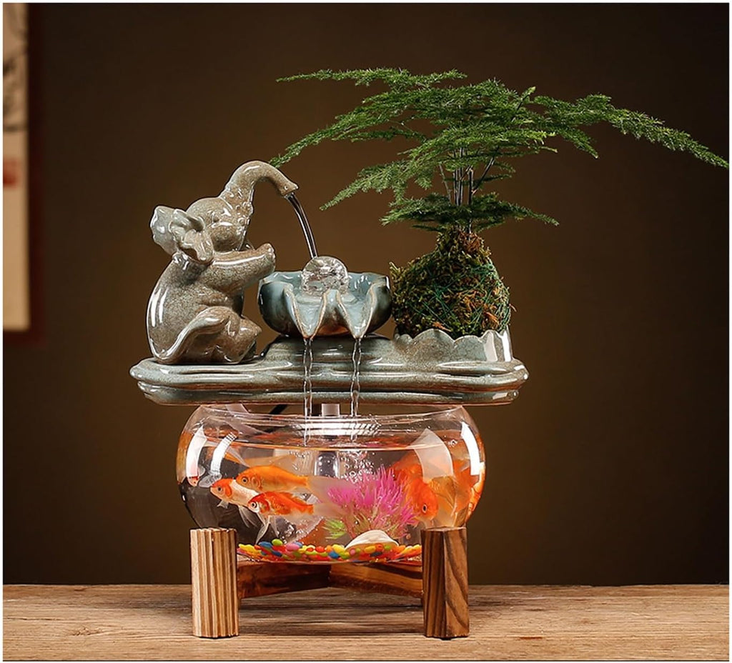 Ceramic Lucky Elephant Indoor Waterfall Fountain Aquarium Indoor Feng Shui Zen Decor Tabletop Water Fountain Glass Fish Tank for Home(Grey)