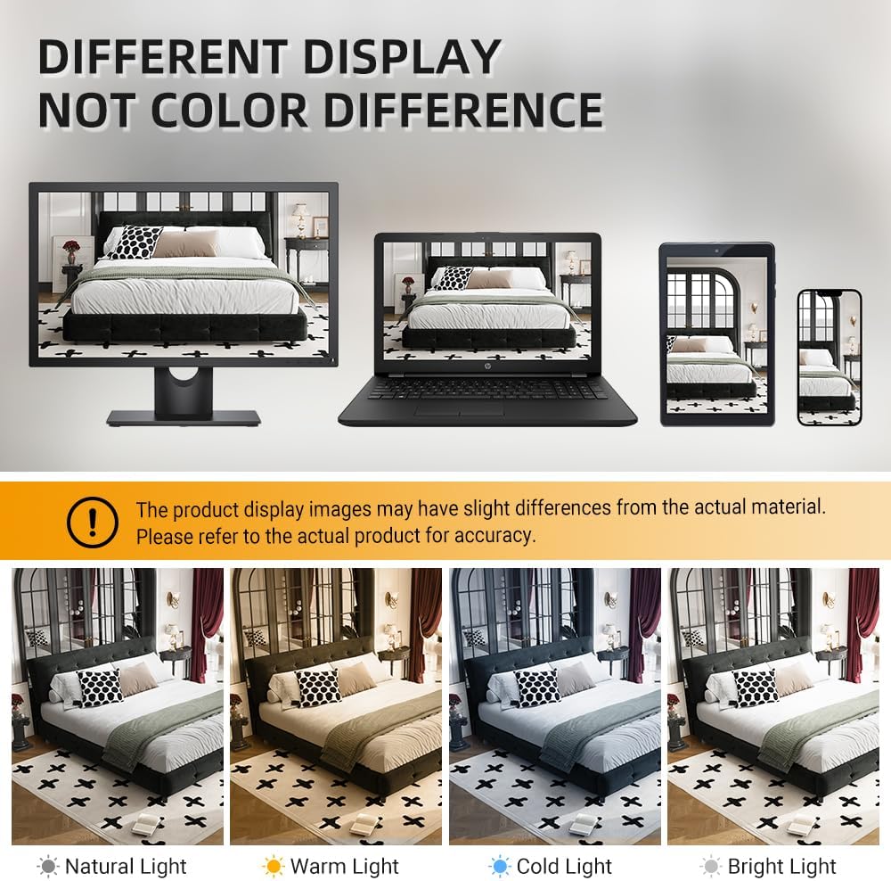 King Size Platform Bed Frame, Tufted Headboard with Extra-Large Ultra-Soft Cloud Pillow Design, Chenille Platform Bed with Metal and Wooden Slats Double Support, No Box Spring Needed (Black-King,7)