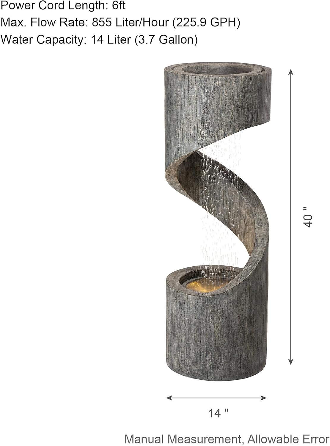 Glitzhome Outdoor Water Fountain with LED Light, Modern Spiral Tiered Outdoor Fountain with Stone Planter, Curved Freestanding Waterfall Fountains for Garden Patio Deck Porch, 40'H