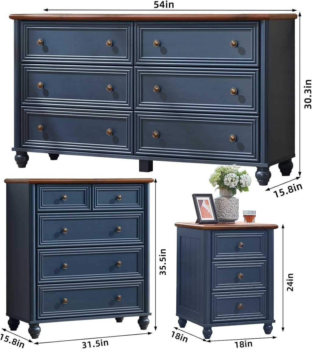 Farmhouse Dressers & Night Stand Set of 3, Wood 54' Wide Dresser & 35.5'Tall Chest of Drawers, 18' Roman Column Nightstand, Bedroom Furniture 6 Drawer Dresser Set for Bedroom Home Living Room Hallway