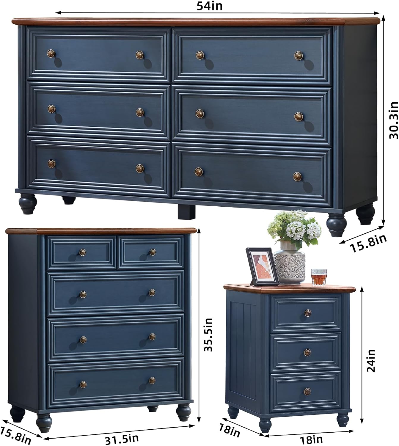 Farmhouse Dressers & Night Stand Set of 3, Wood 54' Wide Dresser & 35.5'Tall Chest of Drawers, 18' Roman Column Nightstand, Bedroom Furniture 6 Drawer Dresser Set for Bedroom Home Living Room Hallway