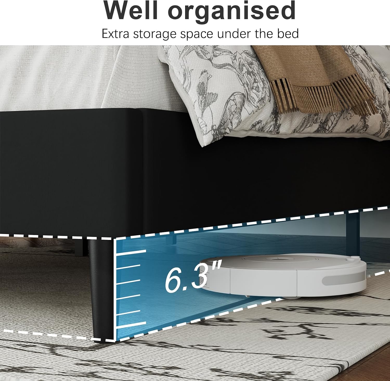 IOILORI Queen Size Bed Frame Platform with Velvet Upholstered Headboard, Sturdy Wooden Slats, No Spring Box, No Noise, Easy to Assemble, Light Grey Bedframe with Strong Wooden Slats, Black