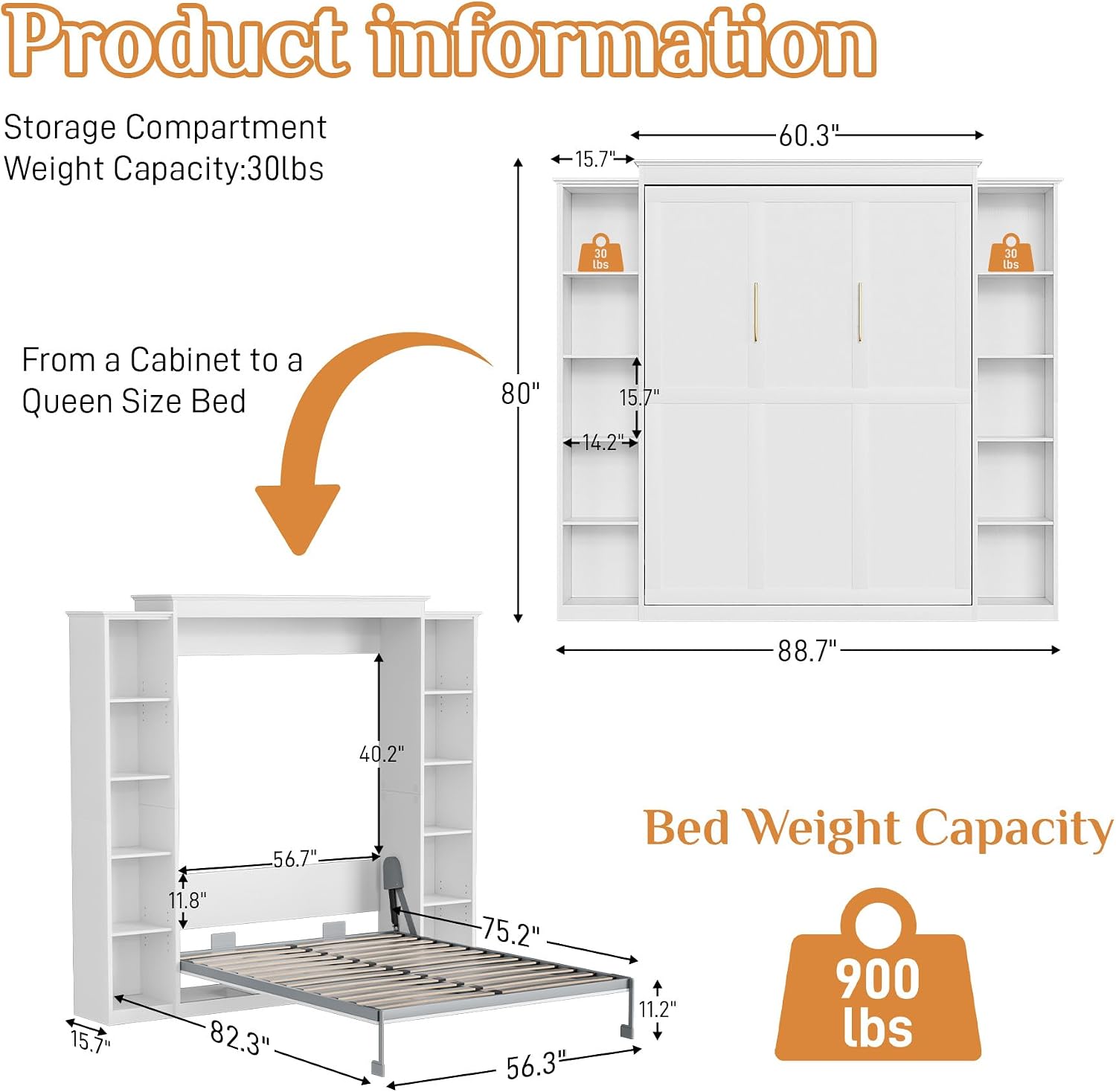 Rophefx Full Murphy Bed Cabinet with 5-Tier Adjustable Storage Shelves, Wood Full Wall Bed Cabinet Bed, Space Saving Beds, Hidden Bedframe, Foldable Platform Beds for Guest Room, Bedroom, White