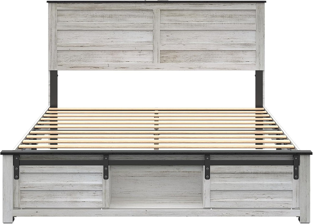 Wooden Bed Frame Queen Size with Headboard & Sliding Barn Door Storage Footboard, Farmhouse Platform Bedframe with Charging Station and LED Lights, No Box Spring Needed, Boho White