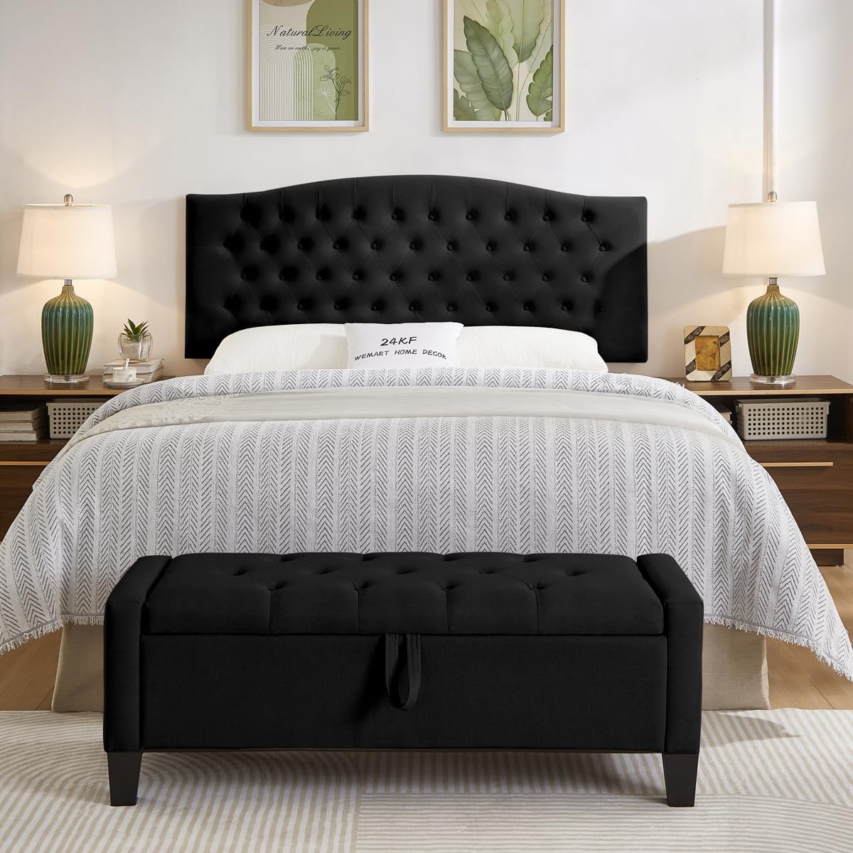 24KF Upholstered Tufted Button Wall Mounted Velvet Headboard,Comfortable Fashional Headboard Queen/Full Size,6058-Q-Black