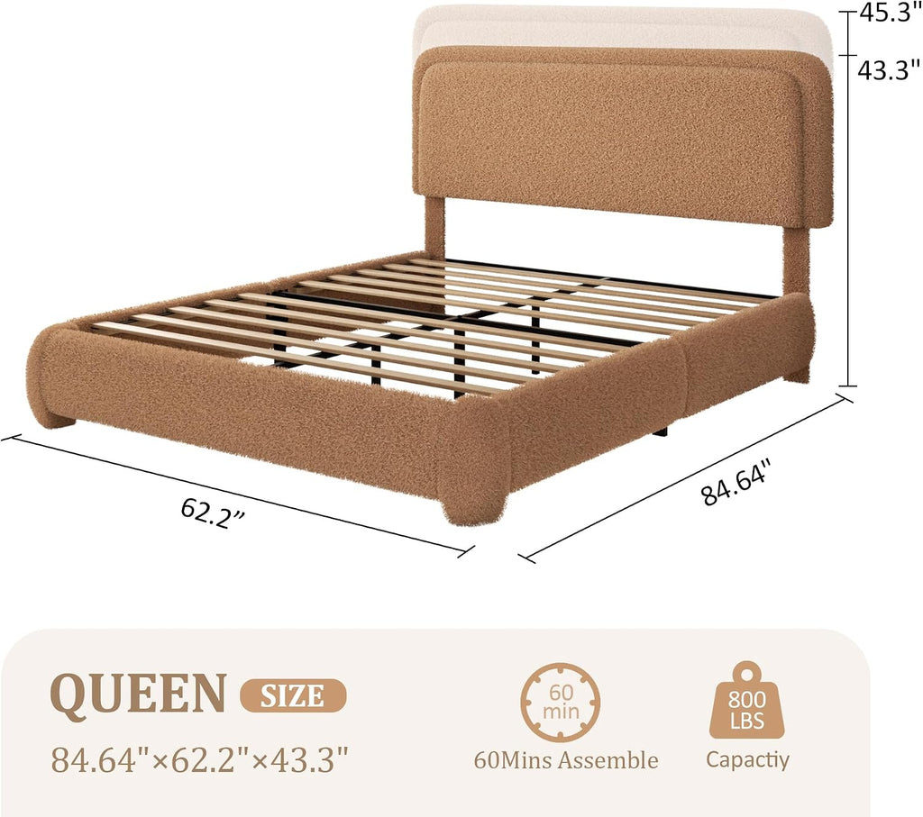 Queen Size Boucle Bed Frame with Adjustable Headboard, Upholstered Cloud Platform Bed, Anti-Collision Soft Rounded Corners, No Box Spring Needed, Easy Assembly, Noise Free, Camel