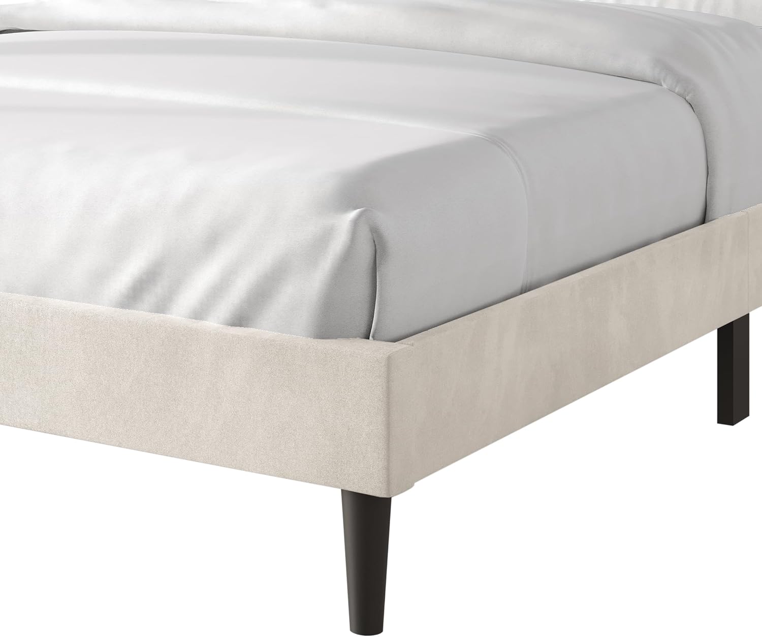 Queen Platform Bed Frame with Chevron-Stitched Wingback Headboard, Velvet Upholstery, No Box Spring Needed, Easy Assembly, Beige