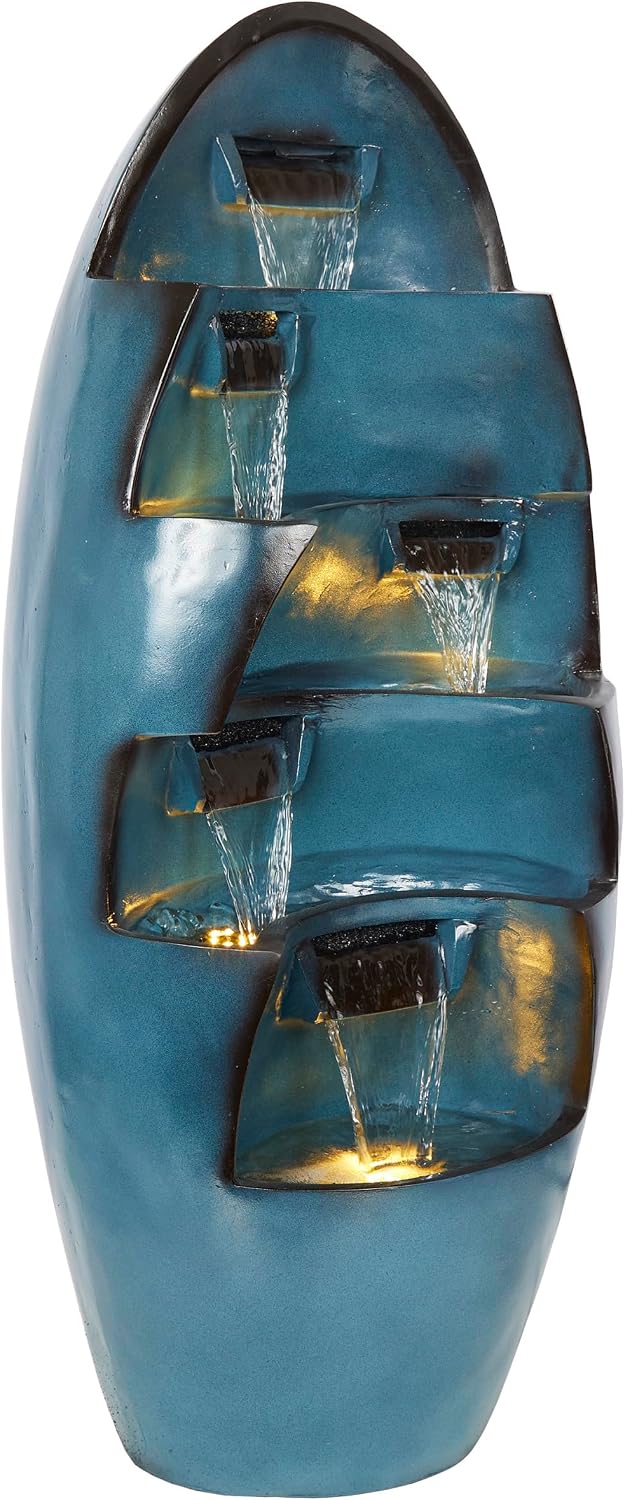 Alpine Corporation 39' Tall 5-Tier Cascading Waterfall Fountain with LED Lights, Outdoor Water Feature for Garden, Patio, Yard, and Deck, Blue