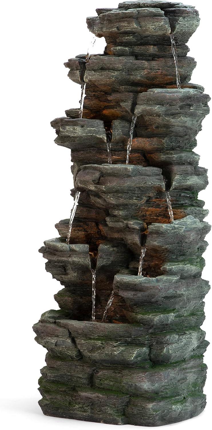 Glitzhome Outdoor Water Fountain, 9-Tiered Rock Floor Fountain with Cascading Water, 39.25' H Polyresin Waterfall Fountain with Pump and LED Light Outdoor Water Feature for Garden Yard Patio Porch