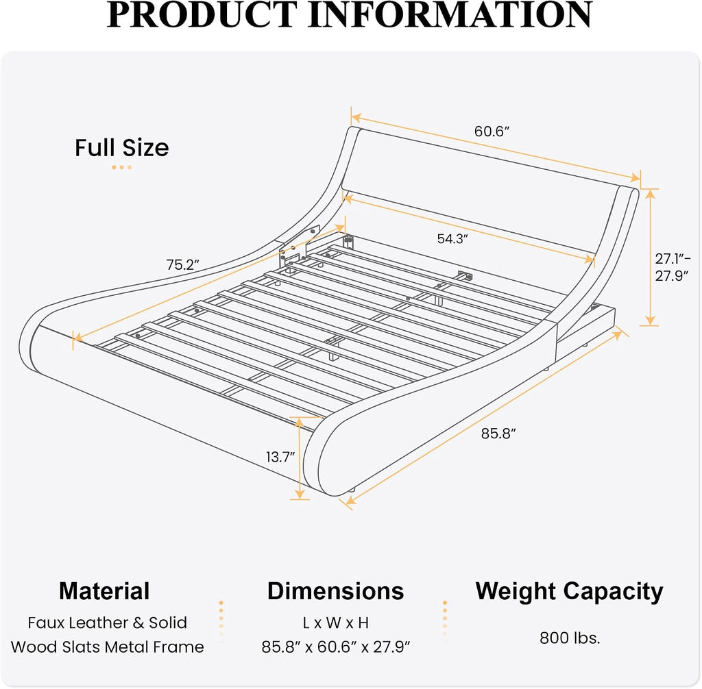 SHA CERLIN Modern Low Profile Platform Bed Frame Full Size, Stylish Faux Leather Upholstered Sleigh Bed with Adjustable Headboard, No Box Spring Needed, Black & White