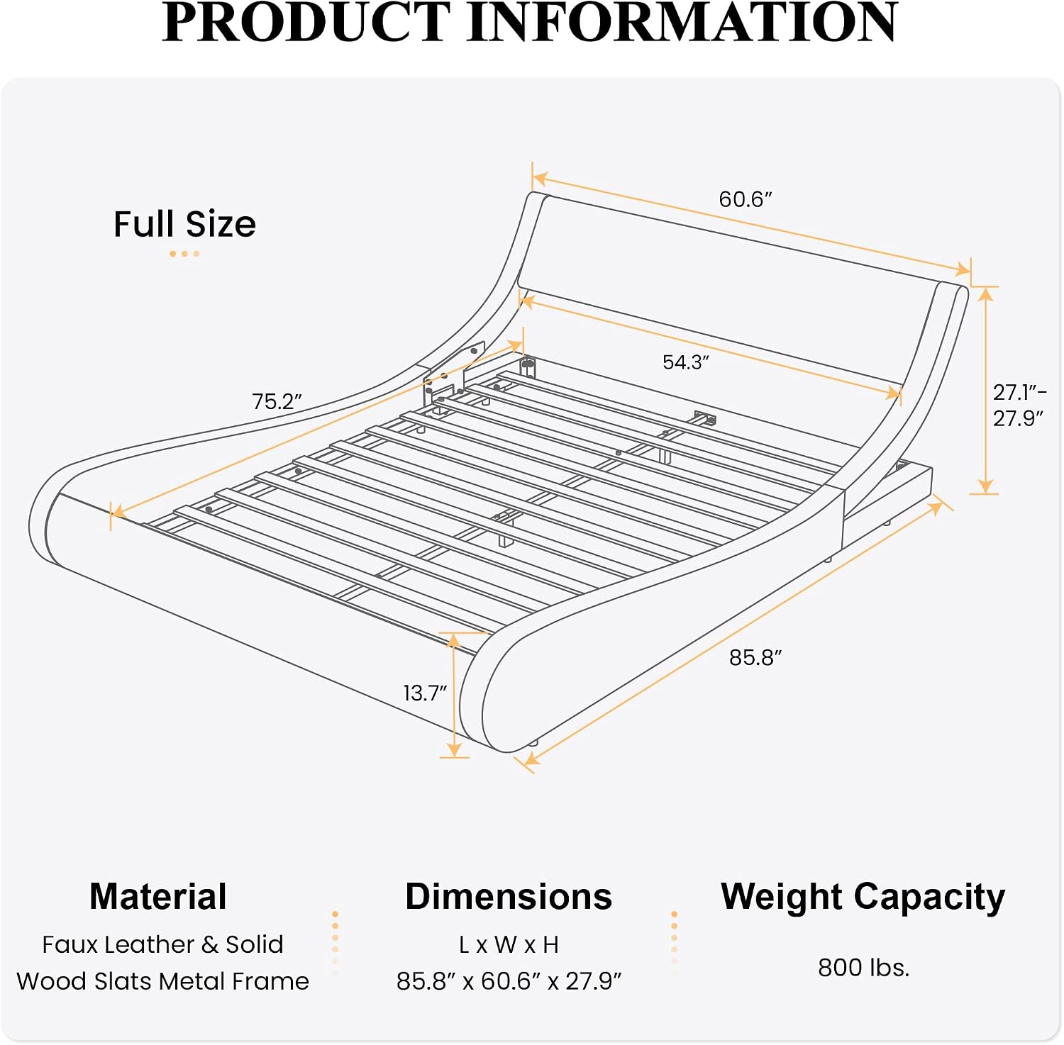 SHA CERLIN Modern Low Profile Platform Bed Frame Full Size, Stylish Faux Leather Upholstered Sleigh Bed with Adjustable Headboard, No Box Spring Needed, Black & White