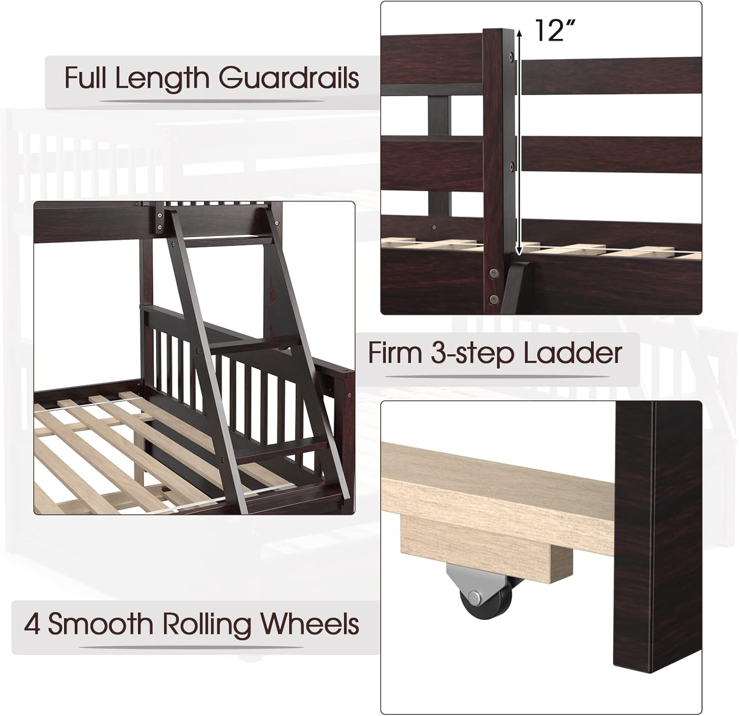 KOMFOTT Wood Twin Over Full Bunk Bed with Trundle, Bed Frame with Solid Pine Wood Frame, Space-Saving Bunk Bed with Ladder & Safety Guardrails, No Box Spring Needed