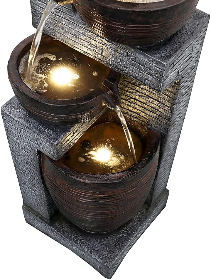 SunJet Indoor/Outdoor Cascading Water Fountain - 40.1inches Garden Fountains with Warm Lights, 4 Bowls Waterfall Feature for Home Deck, Patio, Porch, Yard Decor
