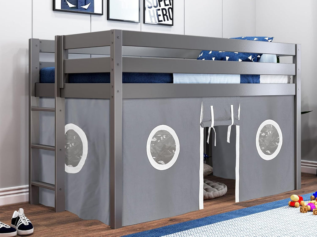 Jackpot! Contemporary Low Loft Twin Bed with End Ladder, Gray with Gray & White Tent