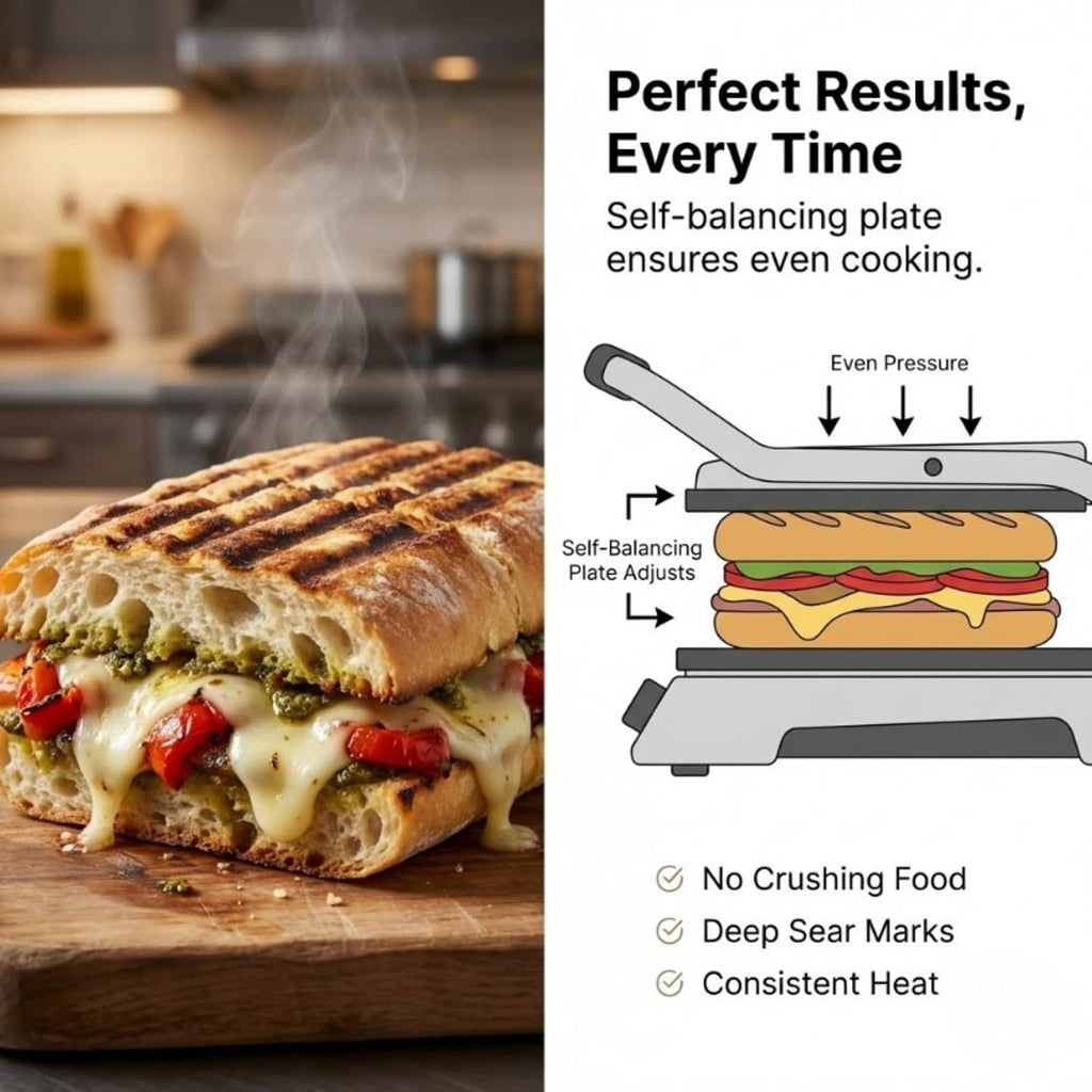 Eurodib SFE02345 Commercial Panini Press & Sandwich Grill, Ribbed Cast Iron Plates, Adjustable Thermostat up to 572°F (300°C), Stainless Steel, 120V, NSF