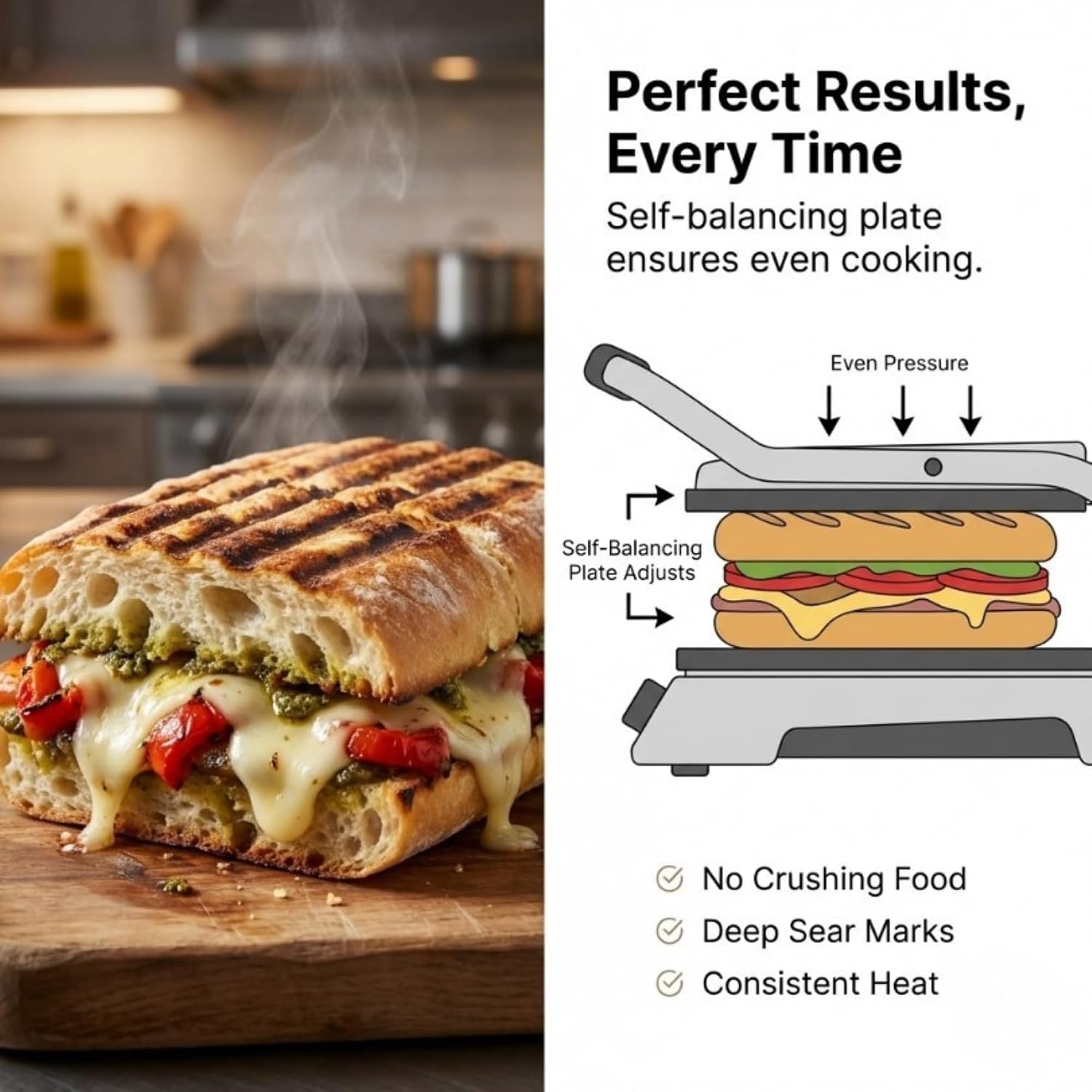 Eurodib SFE02345 Commercial Panini Press & Sandwich Grill, Ribbed Cast Iron Plates, Adjustable Thermostat up to 572°F (300°C), Stainless Steel, 120V, NSF