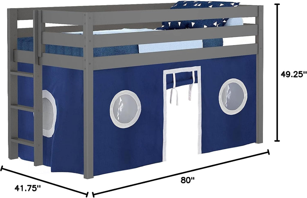 JACKPOT! Contemporary Low Loft Twin Bed with End Ladder, Gray with Blue & White Tent
